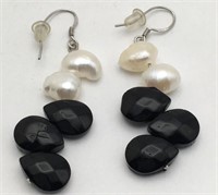 Sterling Silver Black Stone & Pearl Earrings