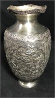 Ornate Silver Vase with Engravings of Birds and