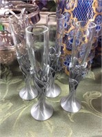 Set of four glass in pewter cordial glasses