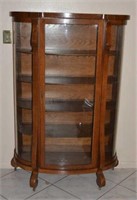Antique Curved Wavy Glass Tiger Oak Curio Cabinet
