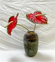 Metal Vase India, w/ artificial flowers
