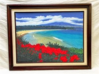 1Signed oil on canvas, mountain, beach scene