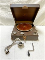 Antique portable record player, approx 14x12x5