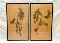 A pair of vintage signed horse brush paintings,