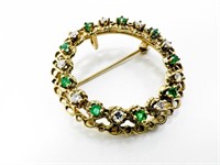 14k Diamond Emerald brooch approx 5.70g