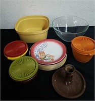 Vintage tupperware, small plates, clay candle