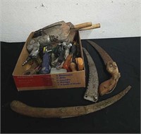 Vintage saws and box of vintage tools