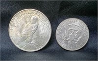 1922 Peace Dollar / 1964 US Half Dollar Coin,