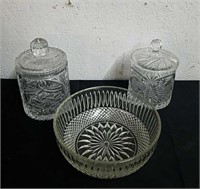 Crystal glass canisters and a glass bowl