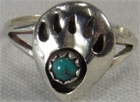 SILVERTONE TURQUOISE BEAR CLAW RING*SZ 4