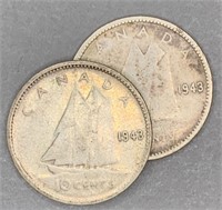 Pair 1943 RCM Silver 10 Cent Pieces
