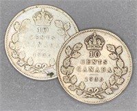 Pair 1936 RCM Silver 10 Cent Pieces
