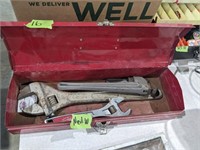SMALL RED TOOL BOX W/ WRENCHES & PIPE WRENCH