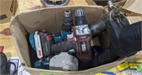 BOX OF GREASER, DRILLS CHARGER & BATTERIES