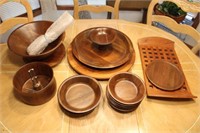 Large Lot of Walnut Wooden Dishes and Serving Pcs.
