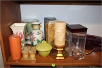 Shelf Lot with Candles, Vases, Misc.