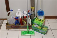Lot with Cleaning Items: Dusters, Brooms, Swifter,