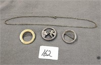 Three Vintage Circle Brooches & a Chain