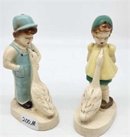 Vintage Chalkware Boy & Girl w/ Geese Bookend Figu