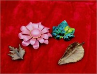 4 Vintage Leaf and Flower Brooches *Ladybug too!