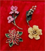 4 Vintage Enamel Floral Brooches