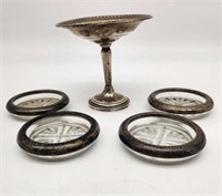 Sterling Weighted Compote and 4 Coasters