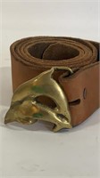 Vintage Leather Belt With Brass Dolphins Buckle