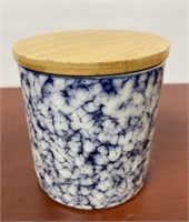 Roscher Blue Ceramic Jar w/bamboo lid, Pot bleu co