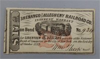 1883 Shenango & Allegheny RR Co Bond Warrant