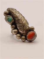 Navajo, Sterling Silver Turquoise and Red Coral R