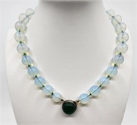 Light Blue Blown Glass Necklace with Green Stone p