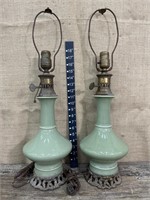 Pair of green & brass lamps - 1 may need rewiring