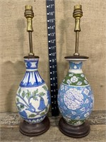 Pair of pretty blue & white pottery lamps - need