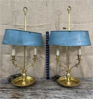 Pair of brass lamps w/ blue tin shades