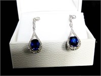 CREATED BLUE SAPPHIRE AND GENUINE DIAMOND EARRINGS