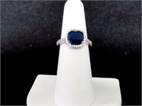 CUSHION CUT CREATED SAPPHIRE DINNER RING STERLING