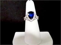 PEAR CUT CREATED SAPPHIRE RING STERLING SILVER
