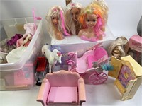 Bin of Barbie furniture, Barbie horses, Barbie