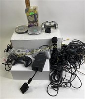 Assorted gaming controllers, adapters, cords,