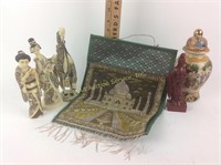 Asian figurines, small tapestry pocket, Asian urn