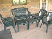 Plastic Patio Furniture - Bench, 3 Chairs & 4