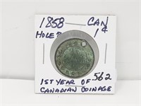 1858 Canada 1 Cent Has Hole. 1st Year Of Canadian