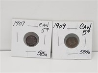 1907 + 1909 Canada 5 Cent Silver Coins