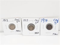 1912, 1913, 1914 Canada 5 Cent Silver Coins