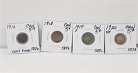 1916, 1918, 1919, 1920 Canada 5 Cent Silver Coins