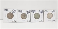 1937, 1938, 1939, 1941 Group Of 4 Canada 25 Cents