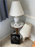 Lamps, clock, fan, table