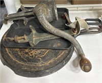 Meat grinder, cast iron skillets