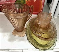Pink depression pitcher, green and yellow
