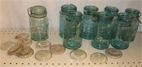 *8 Blue Quart Jars, Atlas, 12 Glass Canning Lids